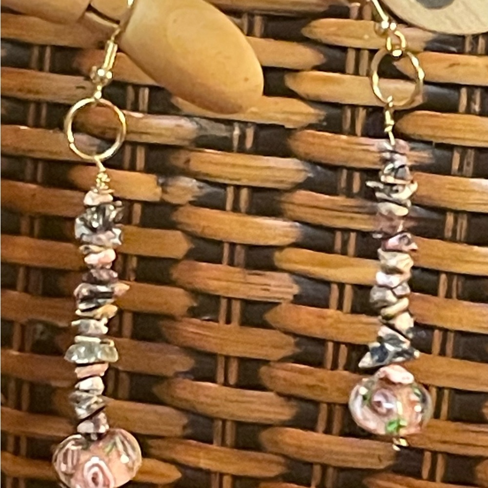 Gold and Pink Linear Drop Earrings with Textured Beads